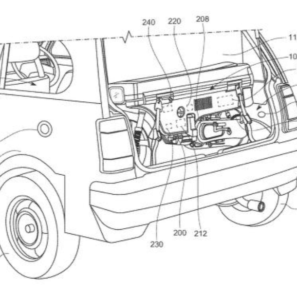 Patent drawing showing Honda's concept for a boot-stowable motorbike/range extender